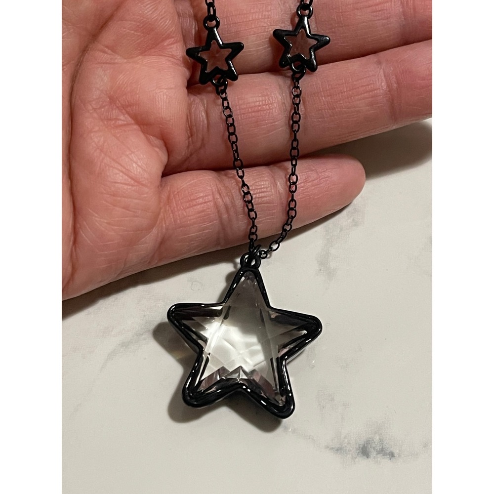 Crystal Large Glass Pendant Star Gunmetal Black Chain with Mini Stars Necklace